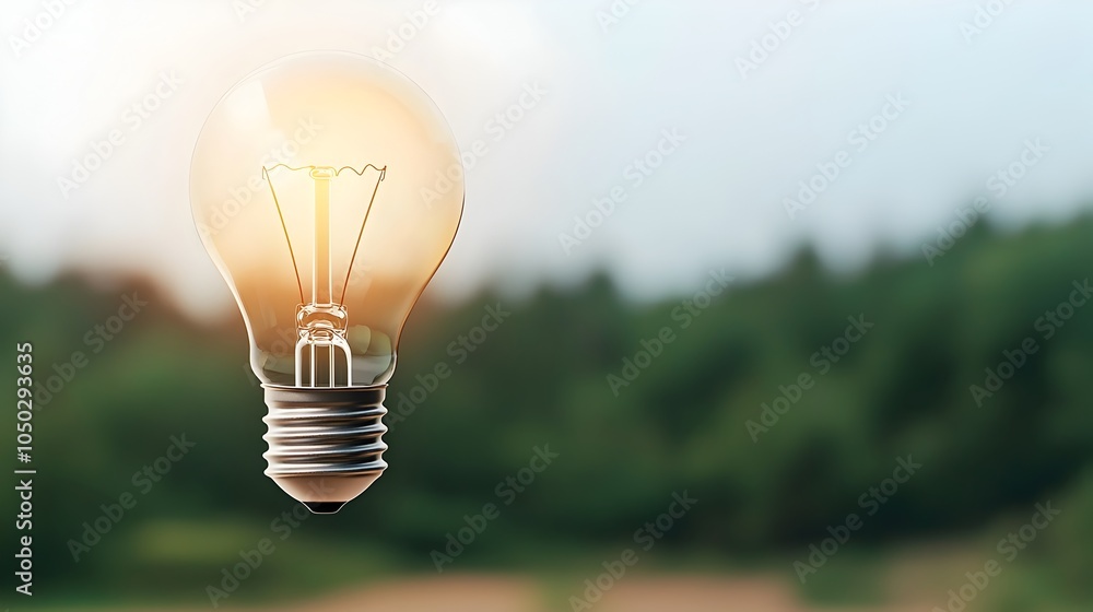 Poster serene and dreamlike landscape with a light bulb floating above symbolizing breakthrough ideas clean