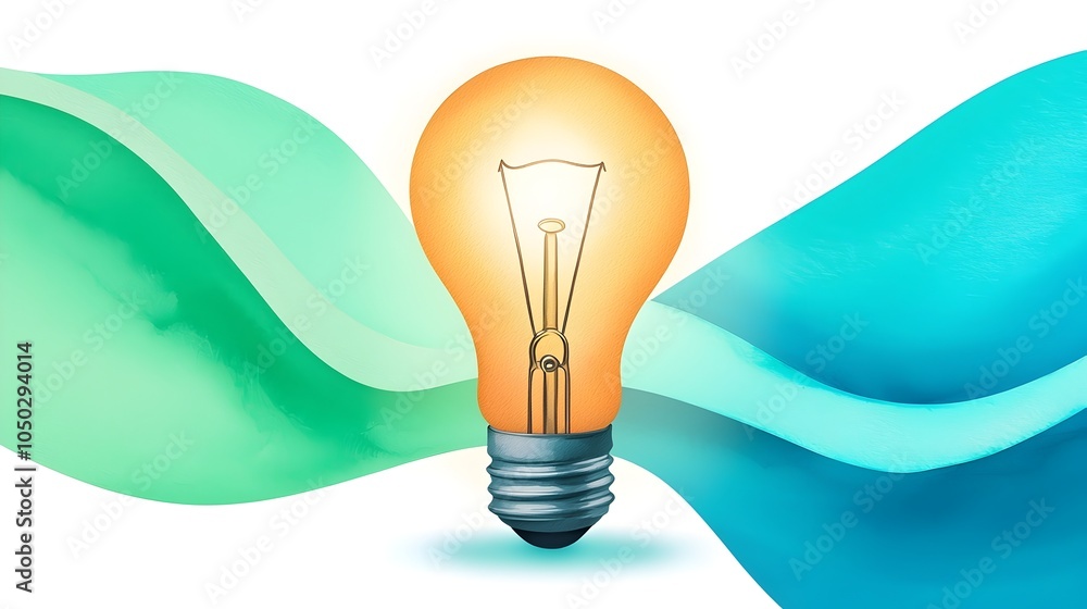 Poster a radiant light bulb surrounded by vibrant watercolor swirls of green and blue symbolizing innovatio