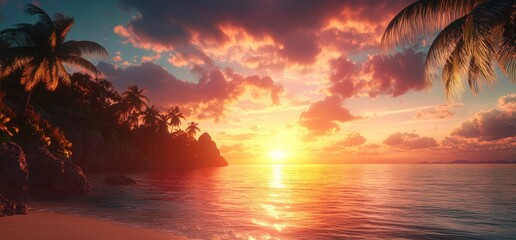 Tropical sunset over the ocean with palm trees on the shore.