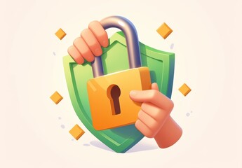 Fototapeta premium a hand holding an orange padlock and a green shield with a checkmark icon