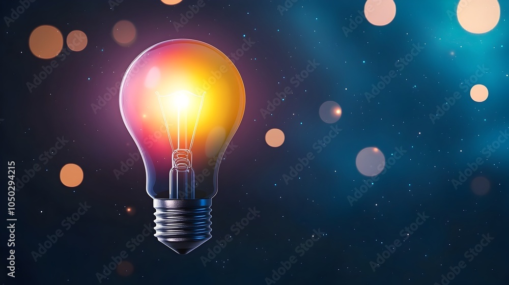 Leinwandbilder Glowing light bulb radiating colors of by floating bokeh lights and a nebula sky symbolizing creativity and smart thinking