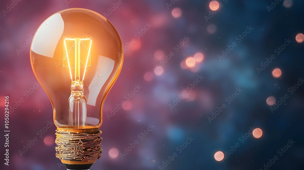 Poster glowing genius lightbulb with circuitry emitting warm light in a cosmic nebula background representi
