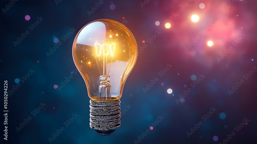 Poster brilliant light bulb with circuitry wrapped around the base emitting a warm glowing light against a 