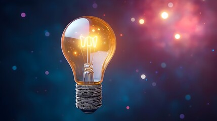 Brilliant light bulb with circuitry wrapped around the base emitting a warm glowing light against a cosmic nebula background with dancing bokeh lights representing a genius idea or innovative concept