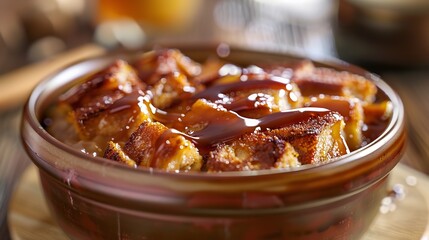 A bowl of warm fast food vegan bread pudding 