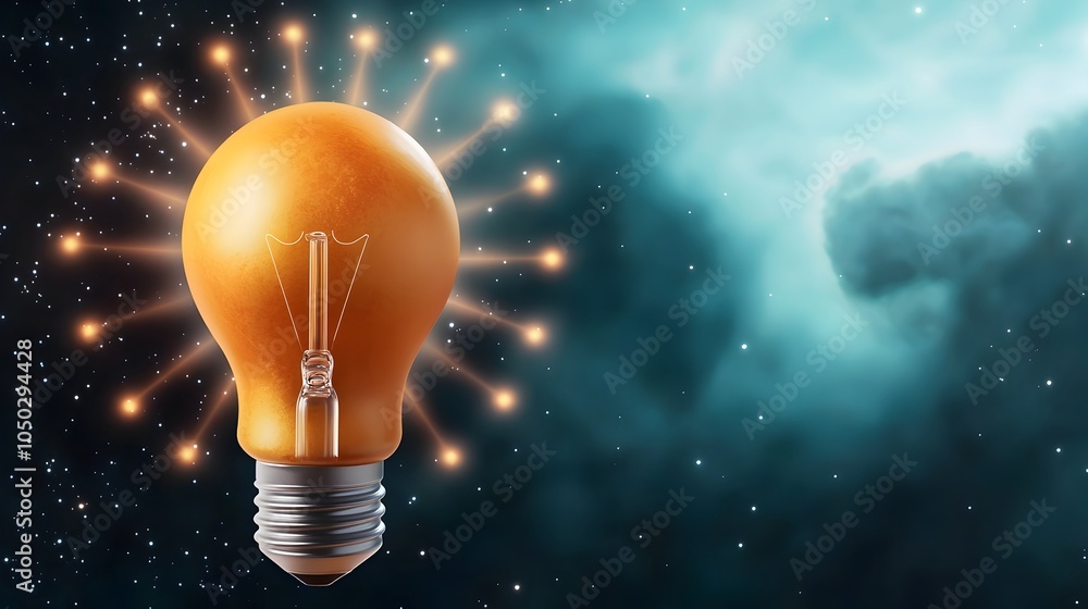 Aufkleber Conceptual light bulb with rays of innovation soft bokeh lights orbiting the bulb and nebula clouds in the backdrop symbolizing a visionary breakthrough and profound insight