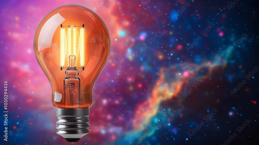 Poster Futuristic light bulb with circuit patterns on the base illuminating a field of vibrant colorful bokeh against a stunning cosmic nebula backdrop creating a bold and innovative conceptual image