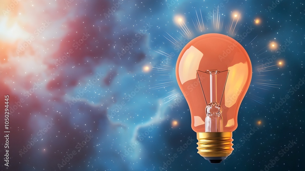 Aufkleber Conceptual image of a light bulb glowing with rays of innovation and surrounded by soft bokeh like lights and nebula clouds in the backdrop symbolizing a visionary breakthrough and creative