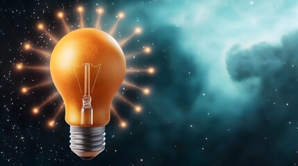 Conceptual light bulb with rays of innovation soft bokeh lights orbiting the bulb and nebula clouds in the backdrop symbolizing a visionary breakthrough and profound insight