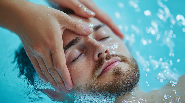 
Unique underwater massage experience in a pool with soft blue tones and gentle waves, water therapy, innovative relaxation methods