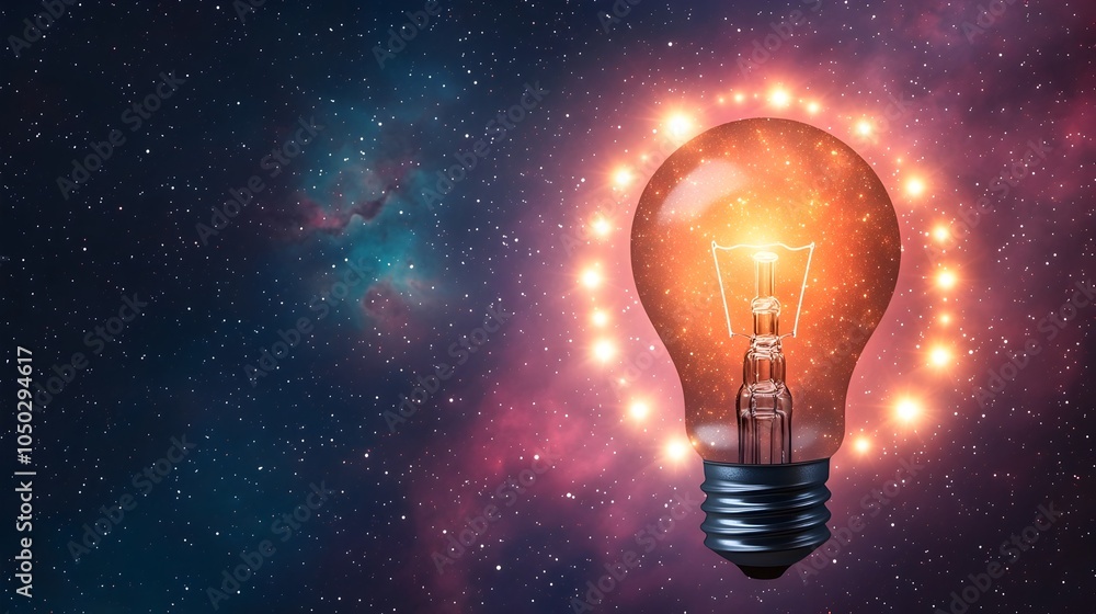 Fototapete Glowing abstract light bulb encircled by a vibrant nebula background and dazzling bokeh lights symbolizing a moment of breakthrough innovation and creative