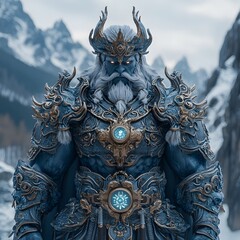 Mythical 3D champion with ancient armor, mystical glowing symbols, and a determined stance on a mountain top