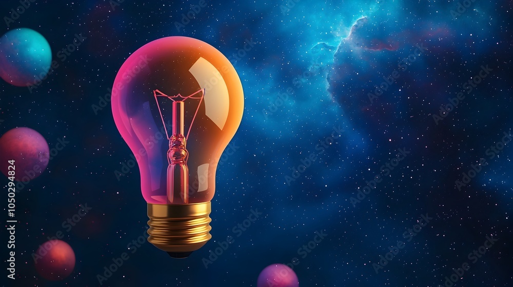 Aufkleber A vivid light bulb shining brightly amidst a backdrop of luminous bokeh light orbs and a captivating starry nebula with the bulb s base adorned in tracking lines