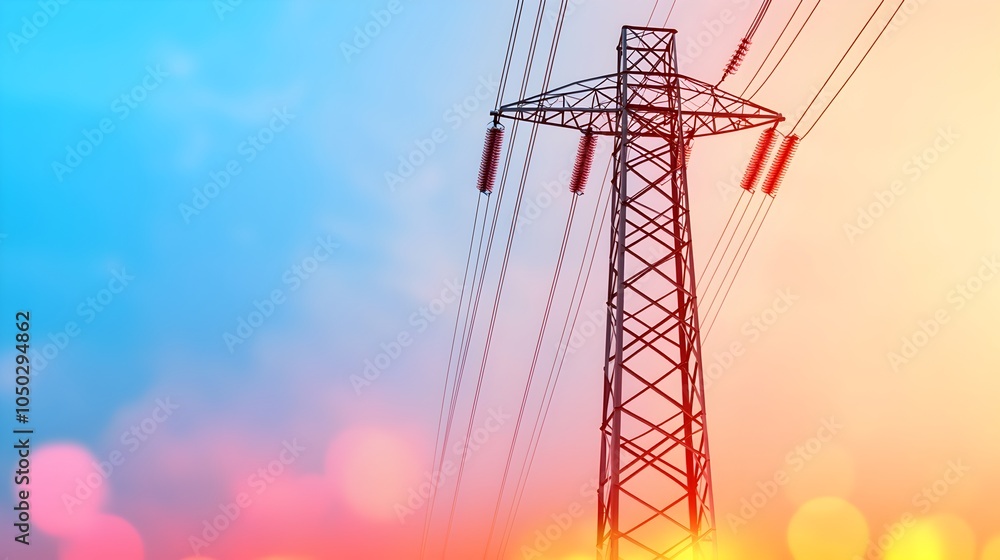 Poster towering electricity pole against a blurred radiant background featuring a vibrant energy consumptio