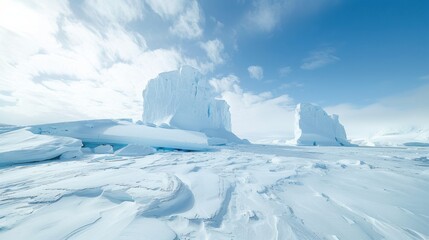 A dramatic view of the Antarctic Peninsula with towering ice formations and a clear, crisp sky, polar setting with icy grandeur
