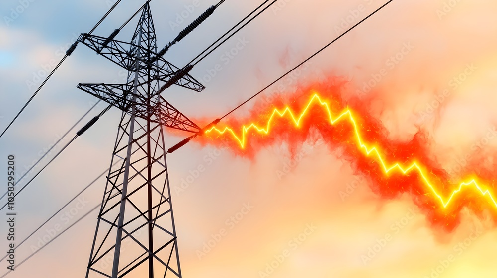 Fototapete electric power line intersecting with a surging power graph intense heat symbolized by orange and re