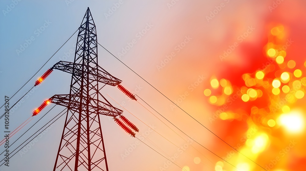 Aufkleber intense electrical power grid infrastructure intersecting with a surging data graph display with glo