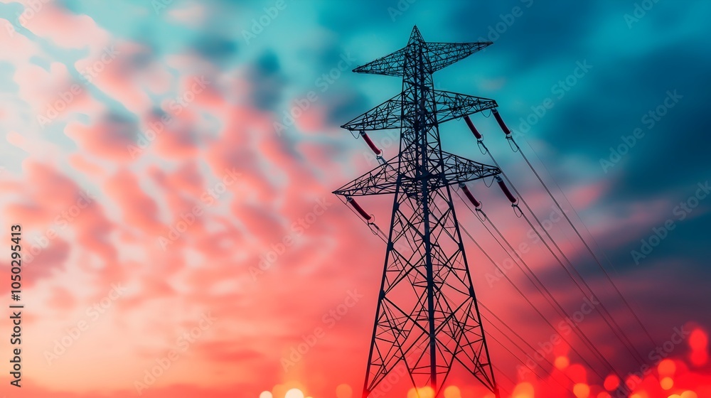 Aufkleber dramatic high voltage tower structure reaching into a sky filled with a vibrant colorful power consu