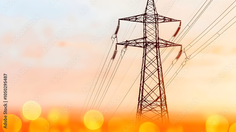 Poster Majestic electricity pylon towers over a continuous power graph its imposing silhouette casting a dramatic presence  Warm orange bokeh fills the lower portion of the image creating a glowing