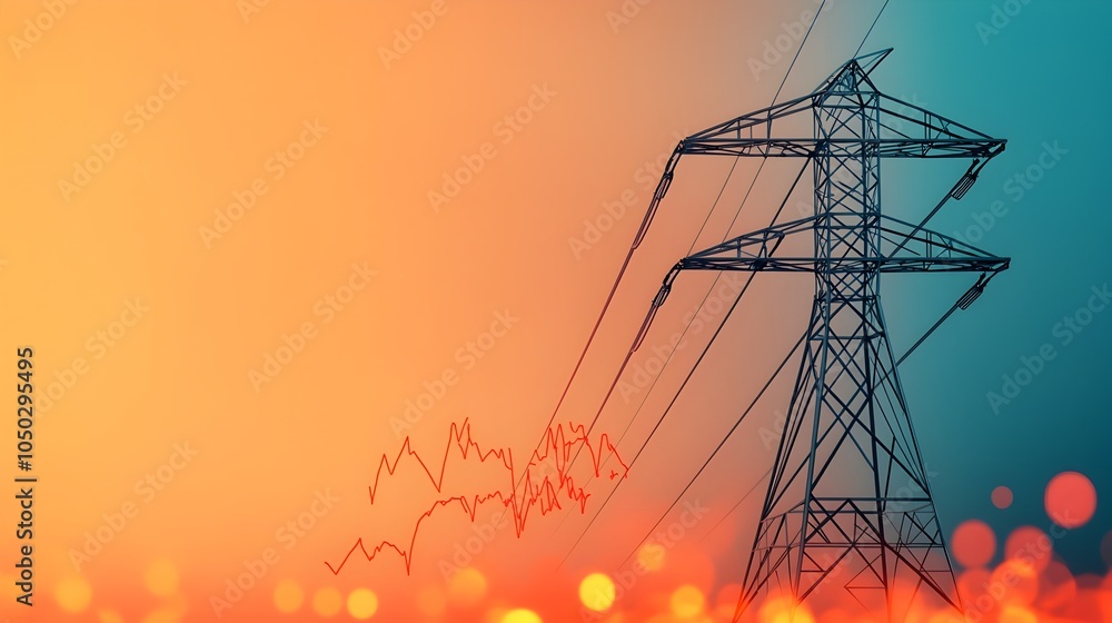 Poster Futuristic steel power line structure against a backdrop of a graph showing a surge in energy demand  Intense orange red bokeh scattered below the image creating a sense of heat and power