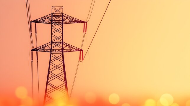 Majestic electricity pylon towering over a continuous power graph with warm orange bokeh in soft focus filling the lower part of the image creating a conceptual and minimalist industrial landscape