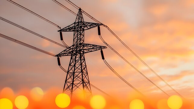 Majestic electricity pylon towering over a continuous power graph with warm orange bokeh filling the lower part of the image in a soft atmospheric focus