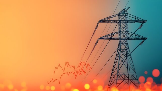 Futuristic steel power line structure against a backdrop of a graph showing a surge in energy demand  Intense orange red bokeh scattered below the image creating a sense of heat and power