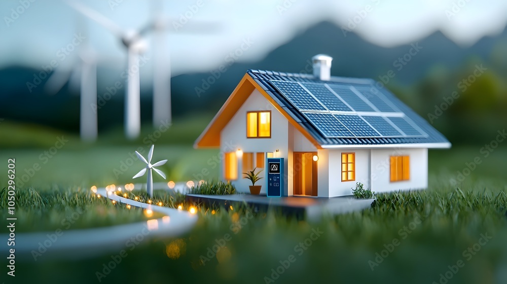 Fototapete conceptual image of a modern energy efficient smart home with solar panels on the roof wind turbines