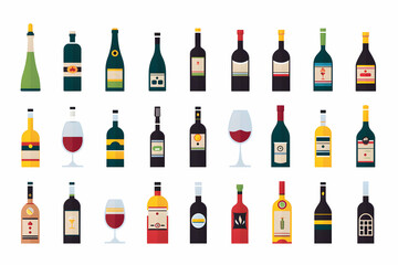 Set of colorful flat vector icons of different types of wine bottles and wine glasses.