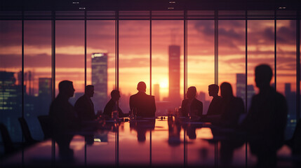 Silhouetted business people in a meeting against a stunning sunset backdrop.