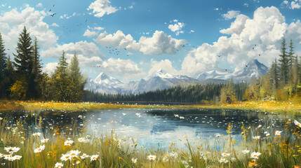 Fototapeta premium Serene Meadow Landscape with Lake and Pines: Lofi Anime Art