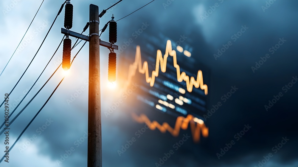 Aufkleber Silhouetted high voltage pole standing tall against a moody dramatic night sky with a glowing market graph emerging in the background symbolizing the power and financial growth of the modern world