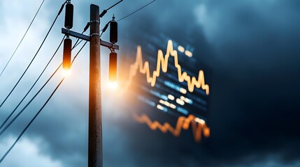 Silhouetted high voltage pole standing tall against a moody dramatic night sky with a glowing market graph emerging in the background symbolizing the power and financial growth of the modern world