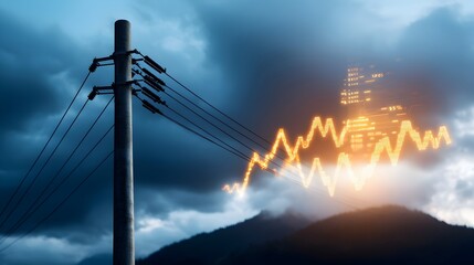 Silhouette of a high voltage power pole set against a moody dramatic night sky  In the background a glowing market graph emerges