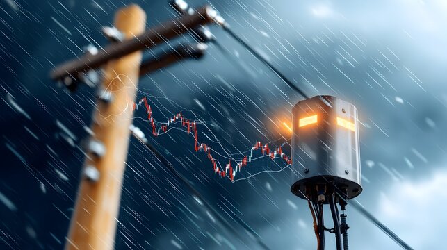 A towering high voltage electricity pole stands prominently in the foreground with faint business graphs overlaying a dramatic stormy sky  This image represents the volatility power