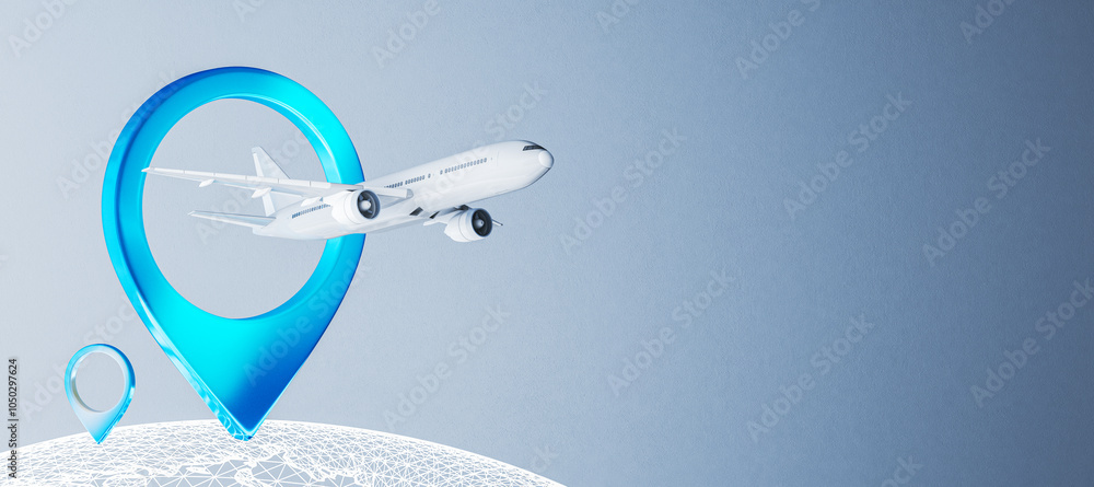 Poster Airplane flying through geolocation pin on a digital globe. 3D Rendering