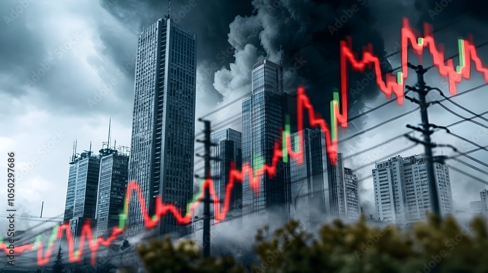 Poster Dramatic moody image of an urban skyline with high voltage power lines running through while red and green market graph lines fluctuate dramatically above