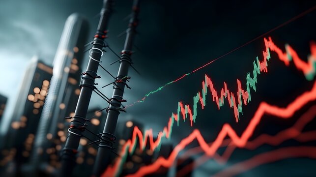 Dramatic moody image of an urban skyline with high voltage power lines and poles while red and green market trends fluctuate dramatically above the city