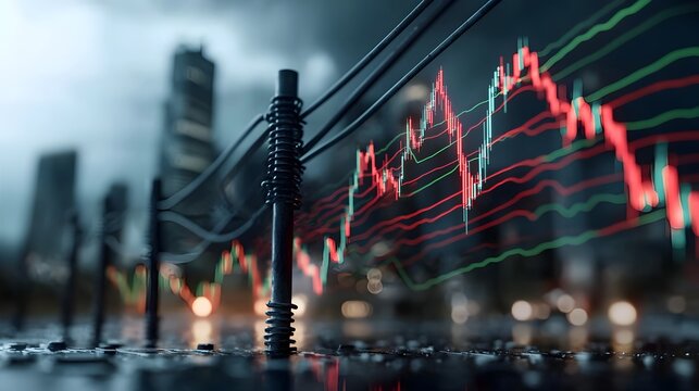 Moody dark toned image of an urban skyline with high voltage power lines and poles as dramatic red and green market lines fluctuate above