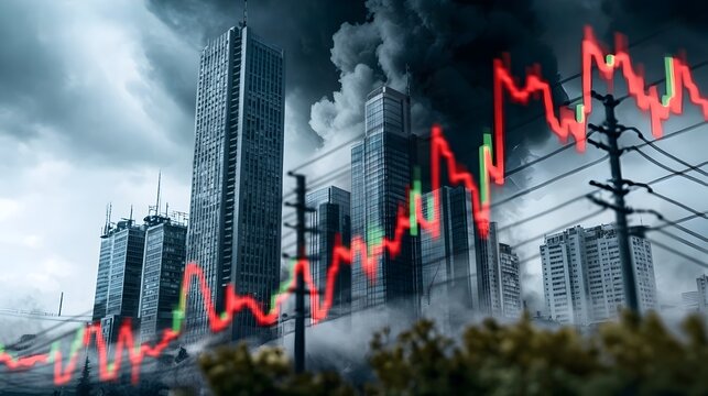 Dramatic moody image of an urban skyline with high voltage power lines running through while red and green market graph lines fluctuate dramatically above