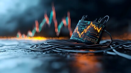 A dark and moody scene of a high voltage grid fading into the distance with a glowing market graph overlaid hinting at unseen market forces and the intersection of technology and finance