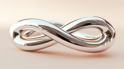 Fototapeta premium A shiny silver infinity symbol on a peach background.
