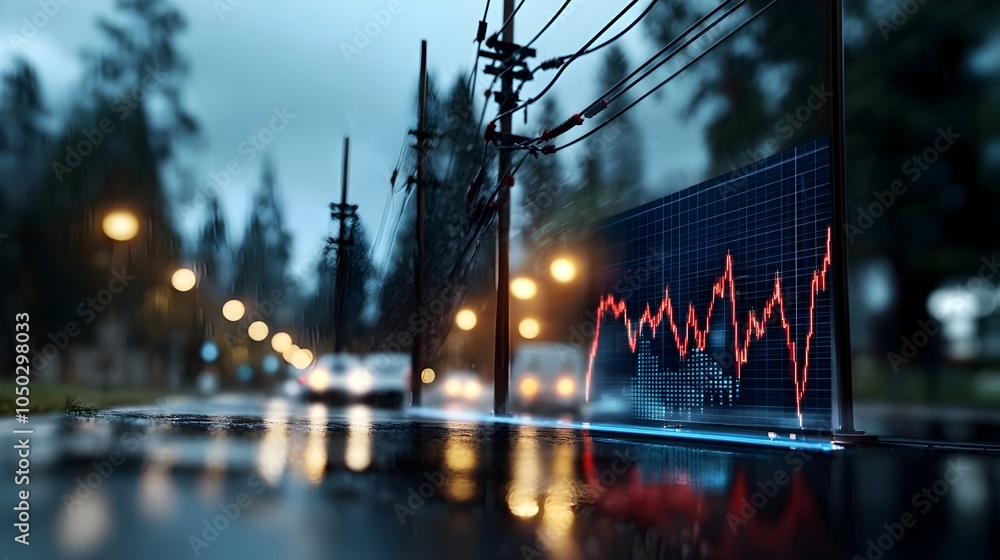 Poster A dark and moody cityscape with high voltage power lines framing a sharp decline in a market graph
