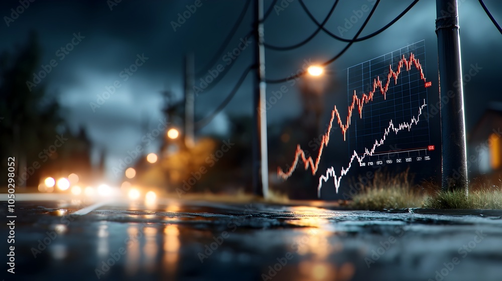 Aufkleber Dark cityscape with high voltage power lines framing a steep decline in a market graph creating a powerful visual metaphor for economic challenges and financial instability