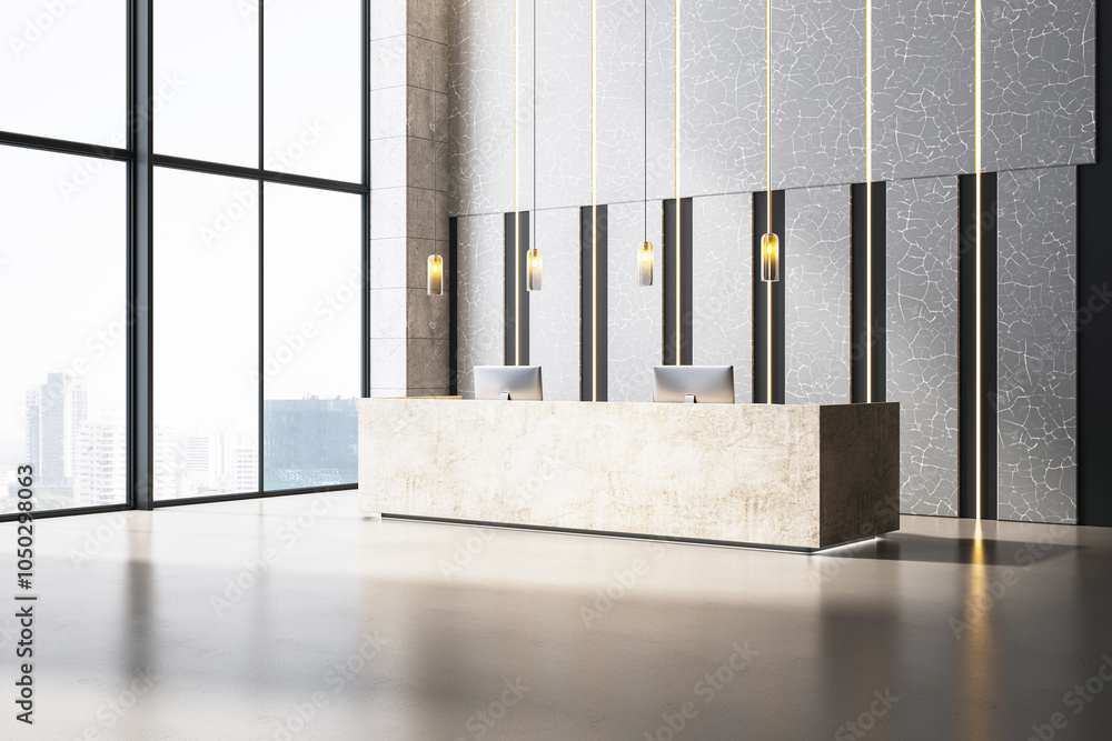 Poster modern empty office reception desk with computers in a spacious lobby. 3d rendering