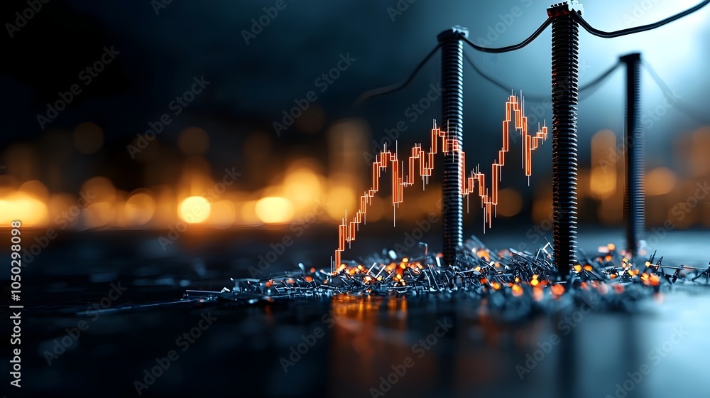 Poster A dramatic visual of a dark urban cityscape with high voltage power lines and poles framing a sharp decline in a market graph
