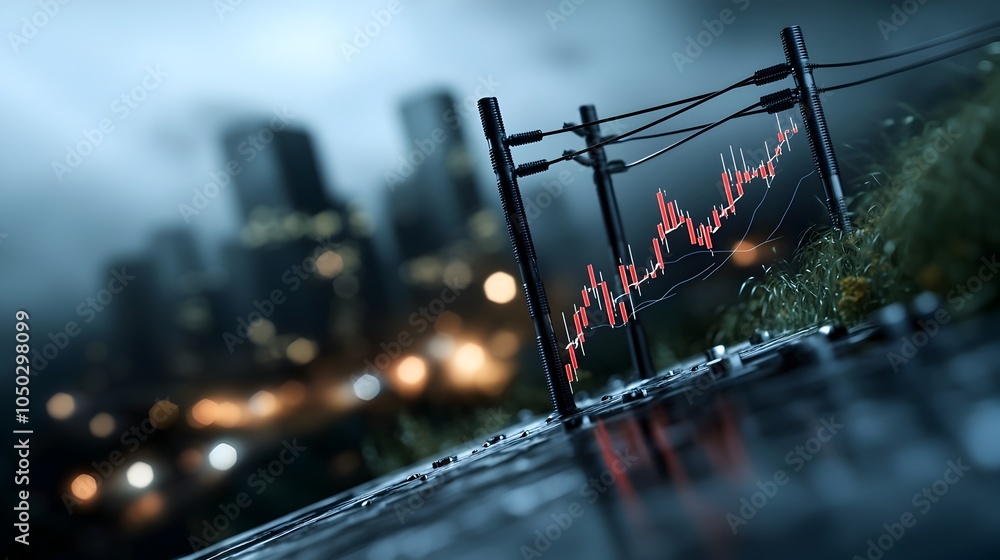 Poster A dramatic cityscape with towering high voltage power lines framing a sharply declining market graph creating a visual metaphor for the turbulent economic challenges facing the urban financial center