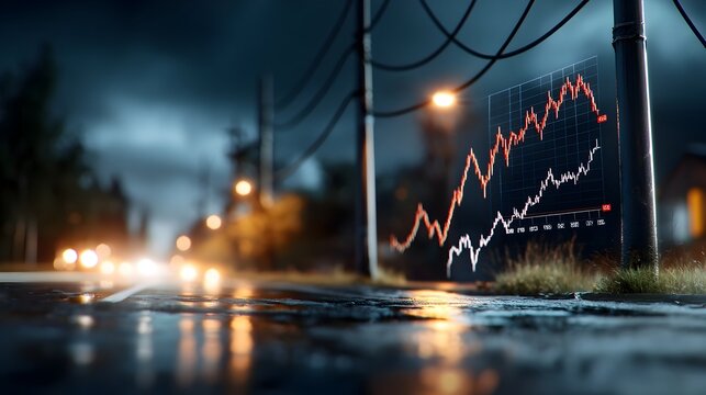 Dark cityscape with high voltage power lines framing a steep decline in a market graph creating a powerful visual metaphor for economic challenges and financial instability
