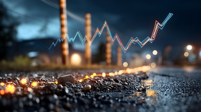 Striking aerial imagery showcasing the intersection of energy infrastructure and financial market trends with high voltage power lines and pylons extending across a darkened industrial landscape