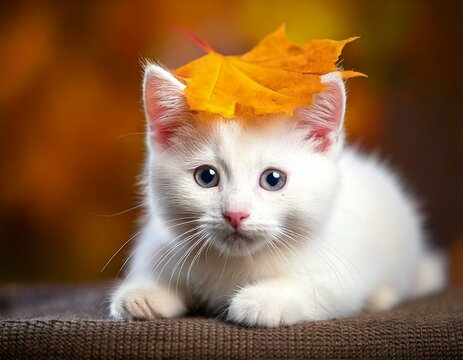 Un peque&ntilde;o gatito blanco con una hoja de oto&ntilde;o posada en la cabeza.